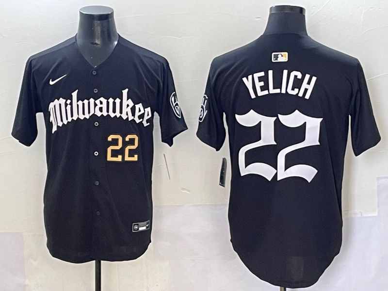 Men 2025 Milwaukee Brewers #22 Yelich Black Five generations Joint Name Nike MLB Jersey style 3